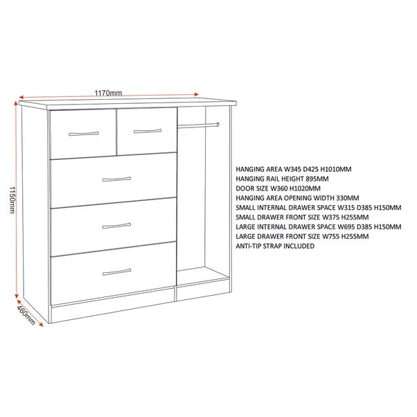 Nevada Small Single 5 Drawer Wardrobe 20 Nevada Small Single 5 Drawer Wardrobe - Image 18
