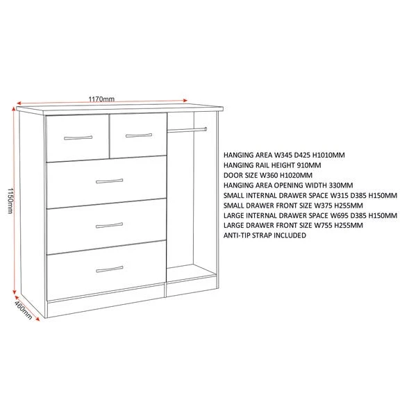Nevada Small Single 5 Drawer Wardrobe 11 Nevada Small Single 5 Drawer Wardrobe - Image 9