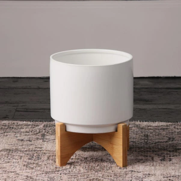 Plain Ceramic Plant Pot On Wooden Stand 5 Plain Ceramic Plant Pot On Wooden Stand - Image 3
