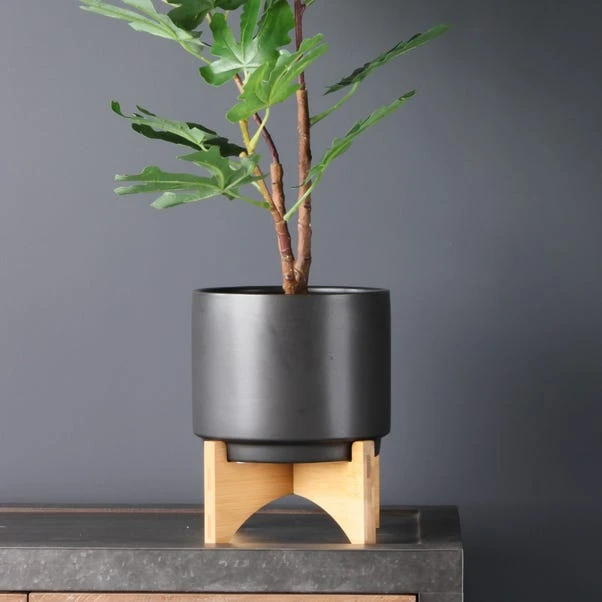Plain Ceramic Plant Pot On Wooden Stand 3 Plain Ceramic Plant Pot On Wooden Stand