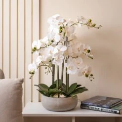 Artificial White Orchid In Grey Ceramic Plant Pot