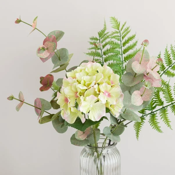 Artificial Green Hydrangea And Eucalyptus Bouquet In Ribbed Glass Vase 4 Artificial Green Hydrangea And Eucalyptus Bouquet In Ribbed Glass Vase - Image 2