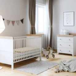 Little Acorns Classic Oak Effect Cot Bed And 3 Drawer Chest Nursery Set -Home Luxe Studio 30892457
