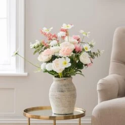 Artificial Rose Bouquet In Washed Grey Resin Vase