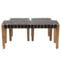 Pacific 2 Seater Claudio Leather Bench And Stools Set, Mango Wood -Home Luxe Studio 30907191 alt02