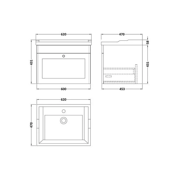 Classique Wall Mounted 1 Drawer Vanity Unit With Ceramic Basin 8 Classique Wall Mounted 1 Drawer Vanity Unit With Ceramic Basin - Image 6