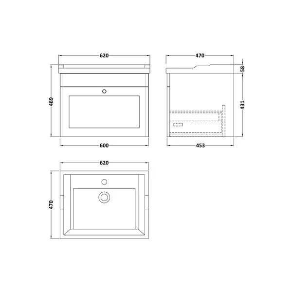 Classique Wall Mounted 1 Drawer Vanity Unit With Ceramic Basin 4 Classique Wall Mounted 1 Drawer Vanity Unit With Ceramic Basin - Image 2