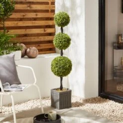 Artificial Boxwood Ball Tree In Woven Plant Pot