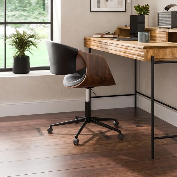 Modena Walnut Effect Office Chair, Black Faux Leather 4 Modena Walnut Effect Office Chair, Black Faux Leather - Image 2