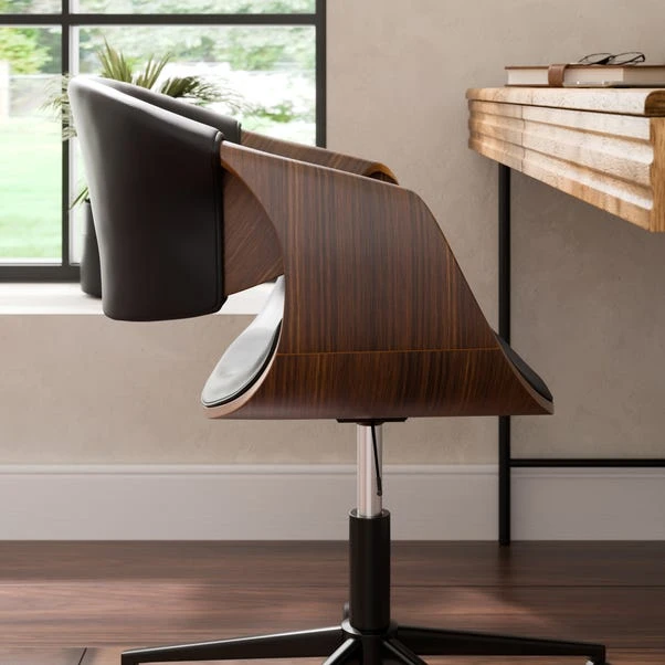 Modena Walnut Effect Office Chair, Black Faux Leather 6 Modena Walnut Effect Office Chair, Black Faux Leather - Image 4