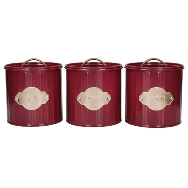 KitchenCraft Set Of 3 Burgundy Airtight Tea, Coffee And Sugar Canisters 4 KitchenCraft Set Of 3 Burgundy Airtight Tea, Coffee And Sugar Canisters - Image 2