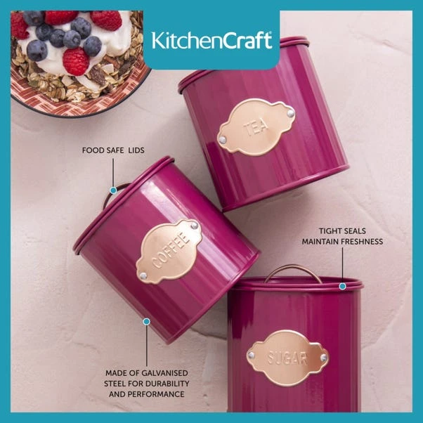 KitchenCraft Set Of 3 Burgundy Airtight Tea, Coffee And Sugar Canisters 5 KitchenCraft Set Of 3 Burgundy Airtight Tea, Coffee And Sugar Canisters - Image 3