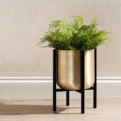 Gold Metal Plant Pot With Black Stand -Home Luxe Studio 30958136