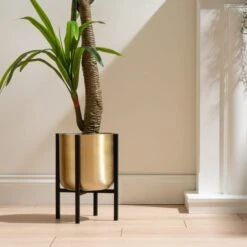 Gold Metal Plant Pot With Black Stand -Home Luxe Studio 30958136 alt02