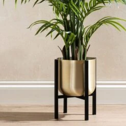 Gold Metal Plant Pot With Black Stand -Home Luxe Studio 30958181 alt01