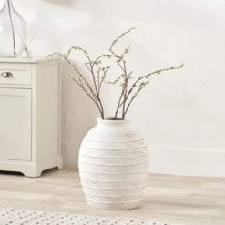 Ribbed White Wash Fibrestone Decorative Vase 14 Ribbed White Wash Fibrestone Decorative Vase -Home Luxe Studio 30983098
